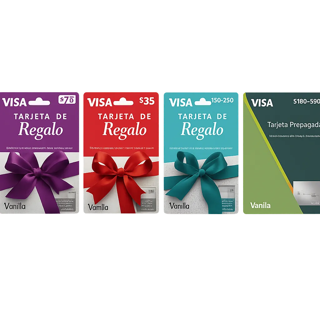 Four Vanilla Prepaid Canada gift cards in red, blue, purple, and green displayed side by side
