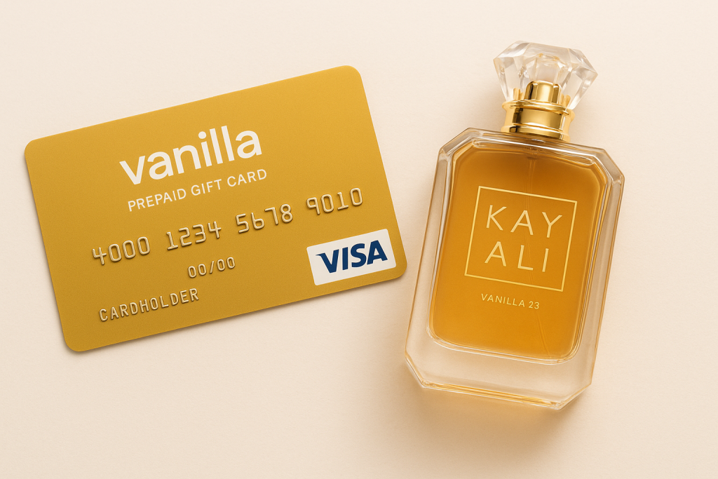 Current image: A Vanilla Prepaid Gift Card canada beside Kayali Vanilla 28 perfume bottle in Canada, showing how to buy luxury fragrances using Vanilla cards.